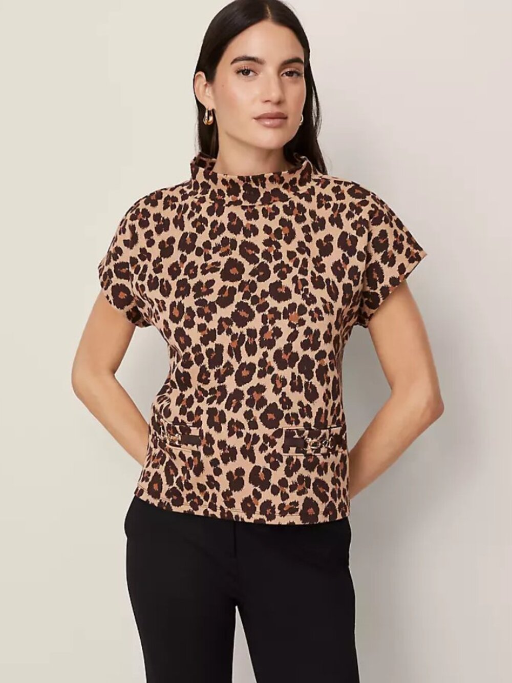 Ann Taylor Animal Print Horsebit Mock Neck Top Size L in Almond Croissant